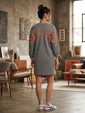 Kenzo Grey Cotton Knit V-Neck Sweatshirt Dress S